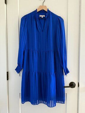 NANETTE LEPORE Shadow Stripe Illusion Sleeve Tiered Dress, size 8, Cobalt Blue